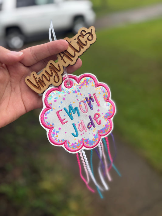 Confetti embroidered bag tag