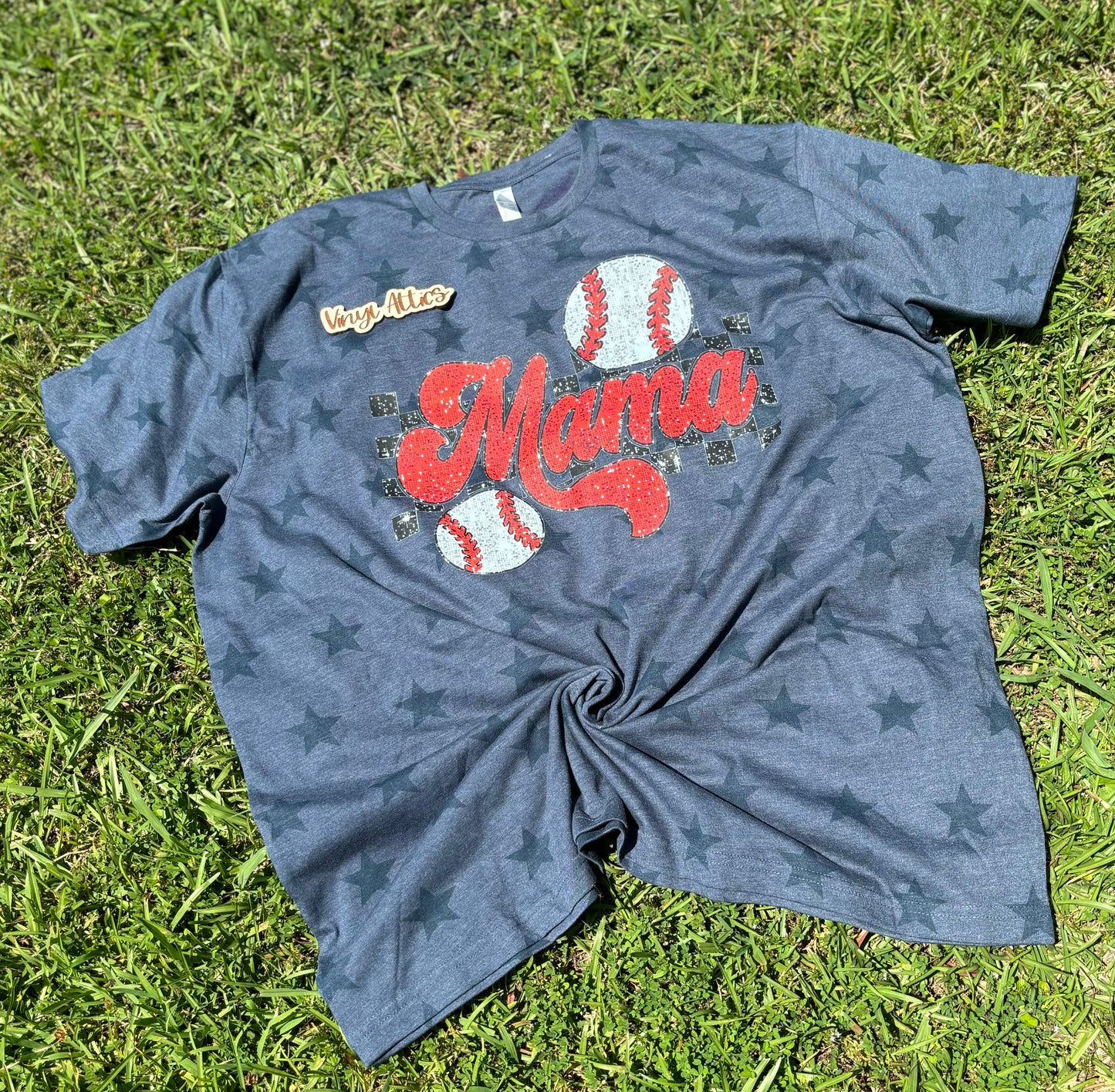 Faux glitter star mama baseball tee