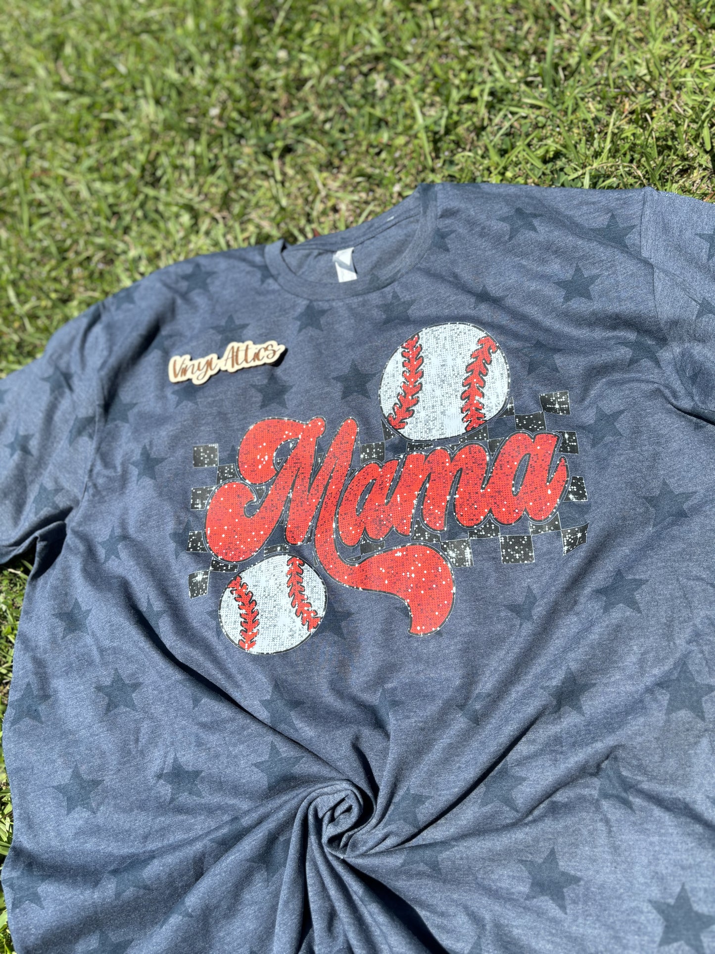Faux glitter star mama baseball tee