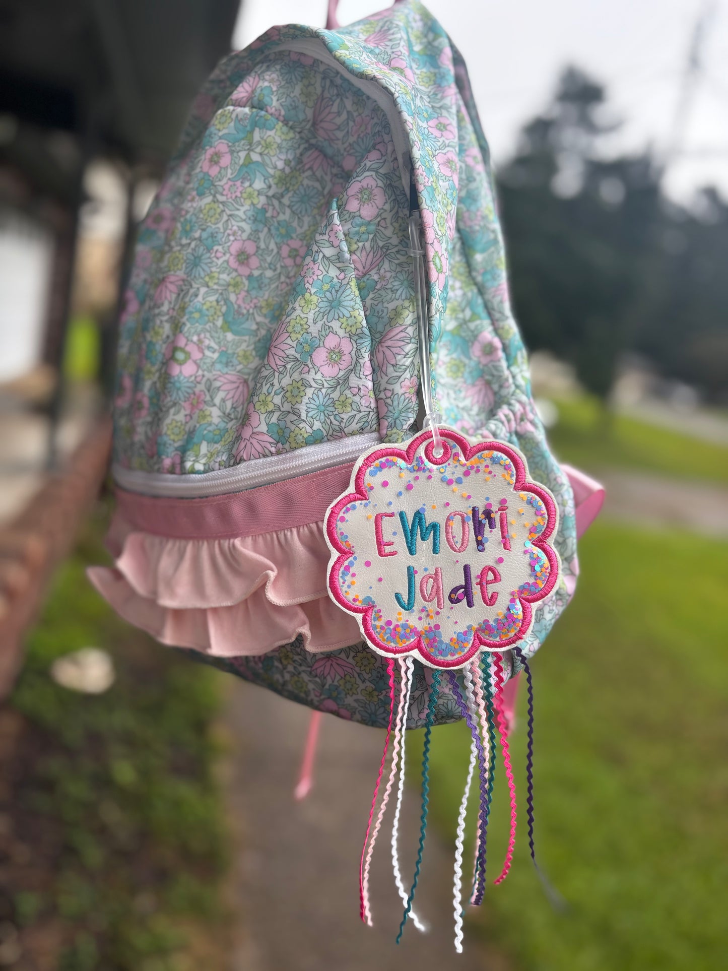 Confetti embroidered bag tag