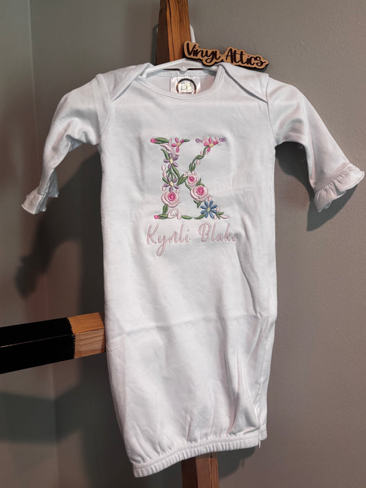 Floral initial embroidered baby gown
